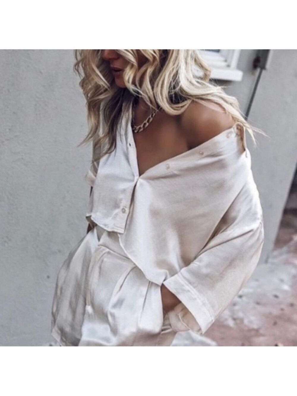 Zara Satin Cream button down crop shirt top blouse Sz XL New